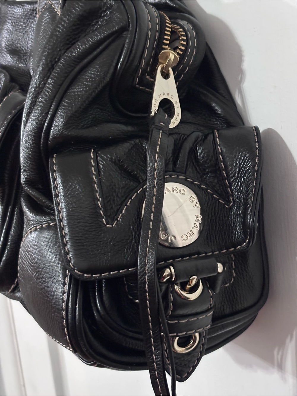 Marc by Marc Jacobs vintage Black Pebbled Satchel Zip Buckle Logo Silver HW - Picture 5 of 15